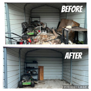 Before and after photos of a shed cleanout service by Faithful Hands Junk Removal in San Antonio, TX, showing a cluttered shed transformed.