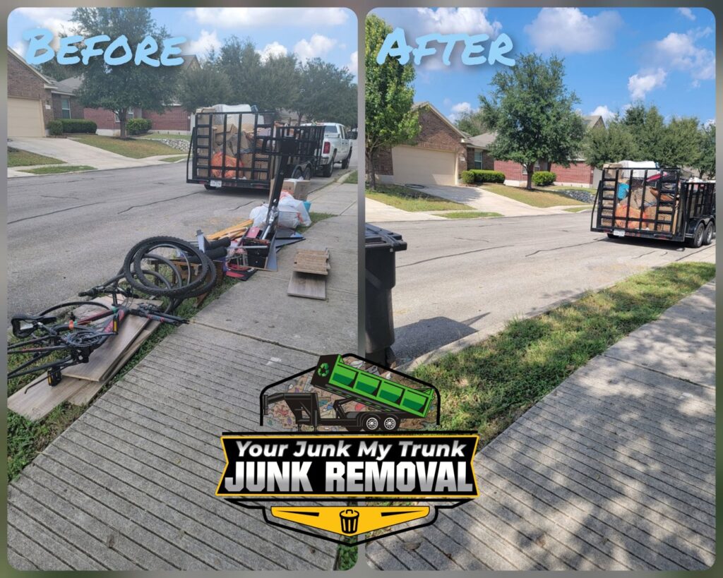Before and after photo of shed debris removal service by Your Junk My Trunk Junk Removal in San Antonio, TX.