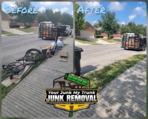 Before and after photo of shed debris removal service by Your Junk My Trunk Junk Removal in San Antonio, TX.