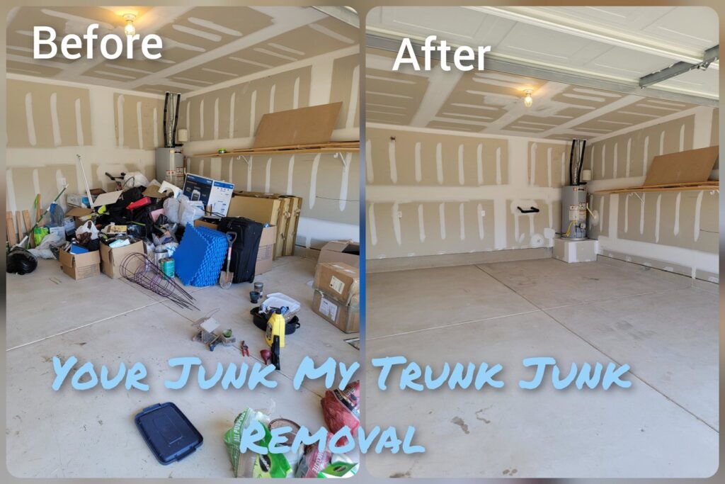 Before and after photo of a sidewalk junk removal job by Your Junk My Trunk Junk Removal in San Antonio, TX.