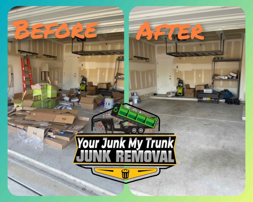 Before and after photo of an old swing set removal from a backyard by Your Junk My Trunk Junk Removal in San Antonio, TX.