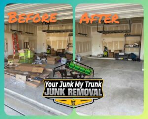 Before and after photo of an old swing set removal from a backyard by Your Junk My Trunk Junk Removal in San Antonio, TX.