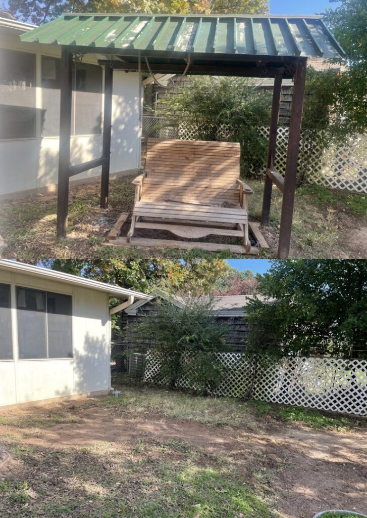 Before and after view of a backyard after Green Source Junk Removal removed an old swing set in Fort Worth, TX.