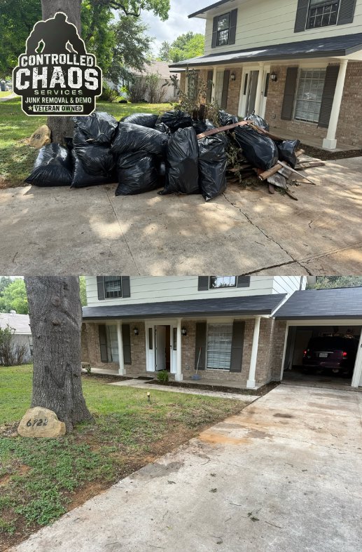 Before and after photo showing successful yard debris removal by Controlled Chaos Services in San Antonio, TX