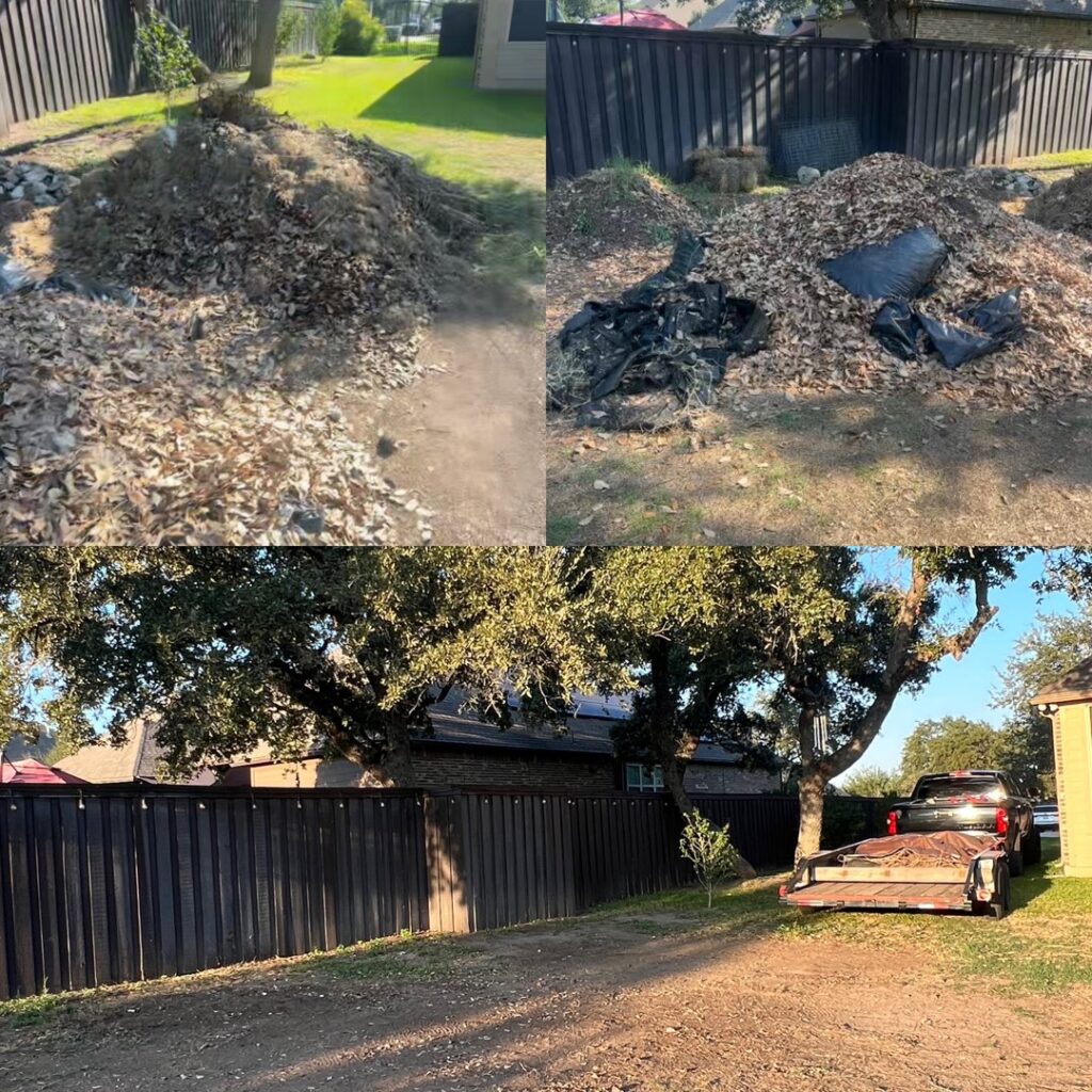 Before and after photos of yard debris removal by Faithful Hands Junk Removal in San Antonio, TX, showing a clean yard after clearing leaves and branches.