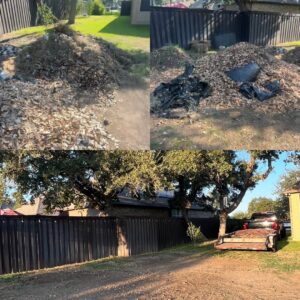 Before and after photos of yard debris removal by Faithful Hands Junk Removal in San Antonio, TX, showing a clean yard after clearing leaves and branches.