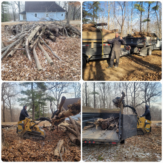 Before and after collage showing yard junk removal, from a pile of branches to a loaded truck, by Schott Services in Indianapolis, IN.