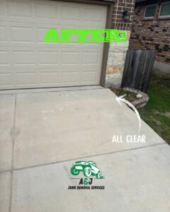 A clean and clear garage entrance and driveway after a complete junk removal service by A&J Removal Service in San Antonio, TX.