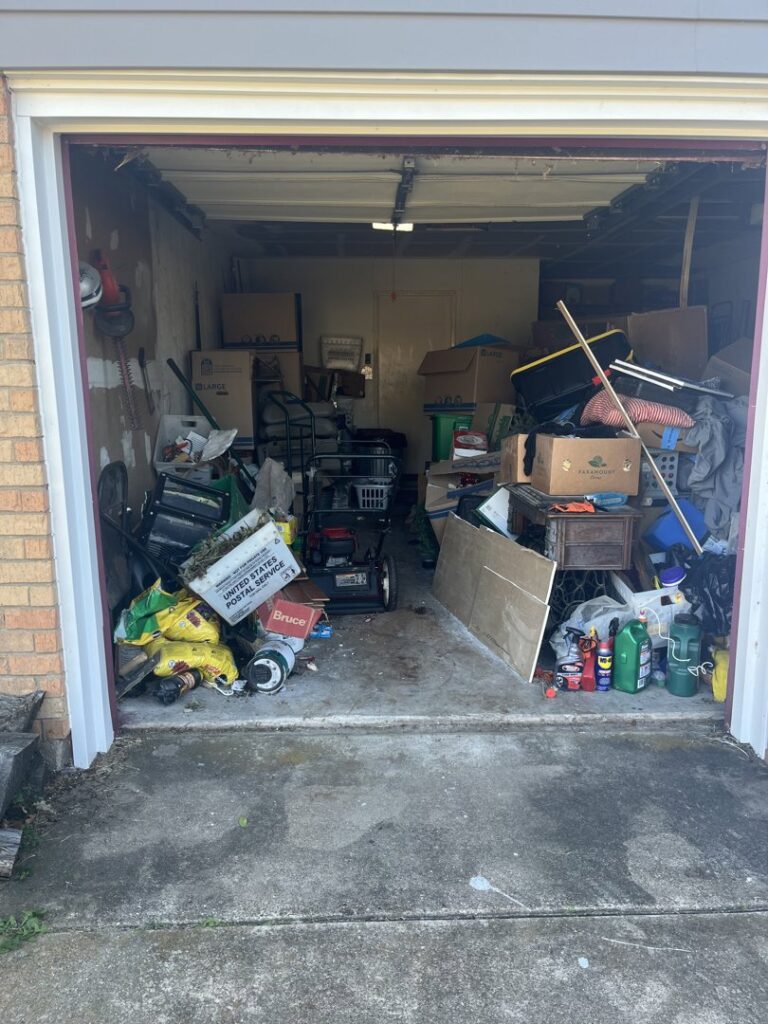 A cluttered garage filled with various items, showing the need for junk removal by Green Source Junk Removal in Fort Worth, TX.
