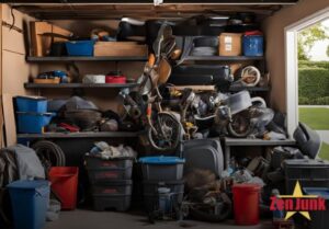 A cluttered garage or storage area packed with various items on shelves and floor, ready for cleanout by Zen Junk in San Jose, CA.
