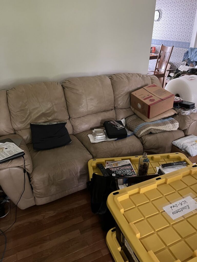 A cluttered living room with a sofa and boxes, indicating a hoarder cleanout service by Junk Removal of Hancock County in Indianapolis, IN.