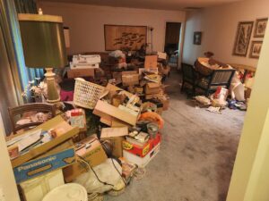 A cluttered living room filled with boxes and items, indicating a large junk removal or hoarding cleanup job for ABC Junk Removal & Hauling in Westfield, IN.