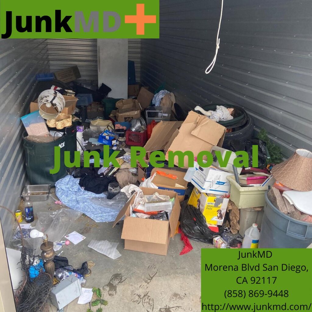 A cluttered storage unit filled with various items, ready for junk removal by JunkMD in San Diego, CA.
