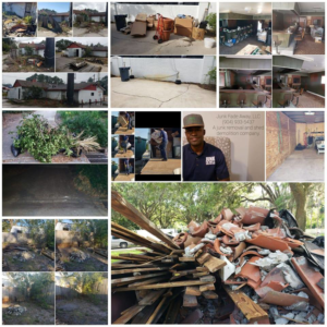 A collage showing various junk removal jobs including yard debris, shed demolition, and interior cleanouts by Junk Fade Away, LLC in Jacksonville, FL.