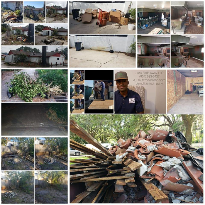 A collage showing various junk removal jobs including yard debris, shed demolition, and interior cleanouts by Junk Fade Away, LLC in Jacksonville, FL.
