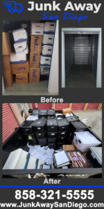 Before and after photos of a commercial area cleanout, showing pallets and debris removed by Junk Away - San Diego in San Diego, CA.