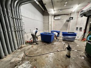 Two workers performing a commercial property cleanout, removing debris and cleaning a dirty room for IHaul Austin in Austin, TX.