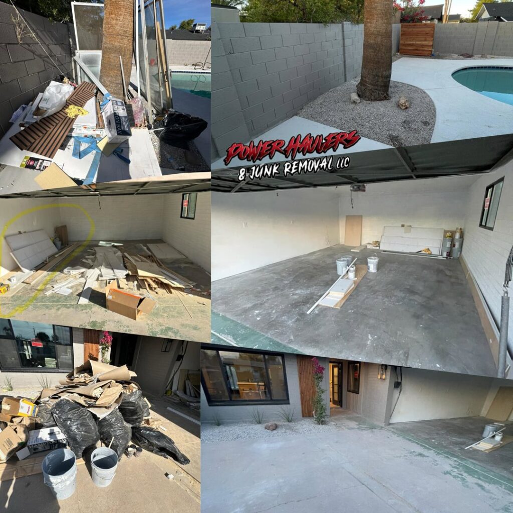 Before and after collage of construction debris and garage cleanout by Power Haulers & Junk Removal LLC in Buckeye, AZ.