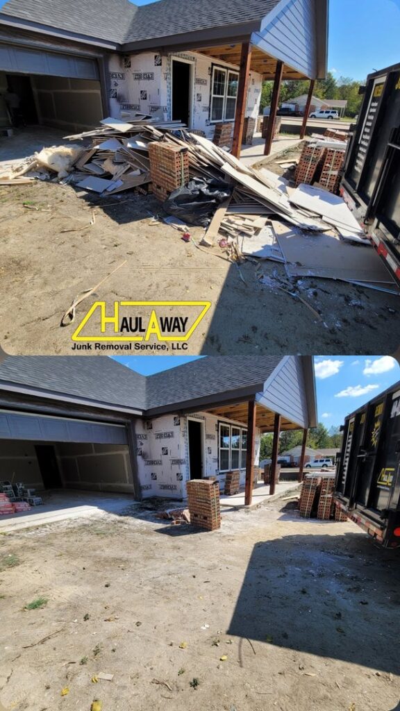 Before and after of construction debris removed from a new build site by Haulaway Junk Removal Service, LLC in Dallas, TX.