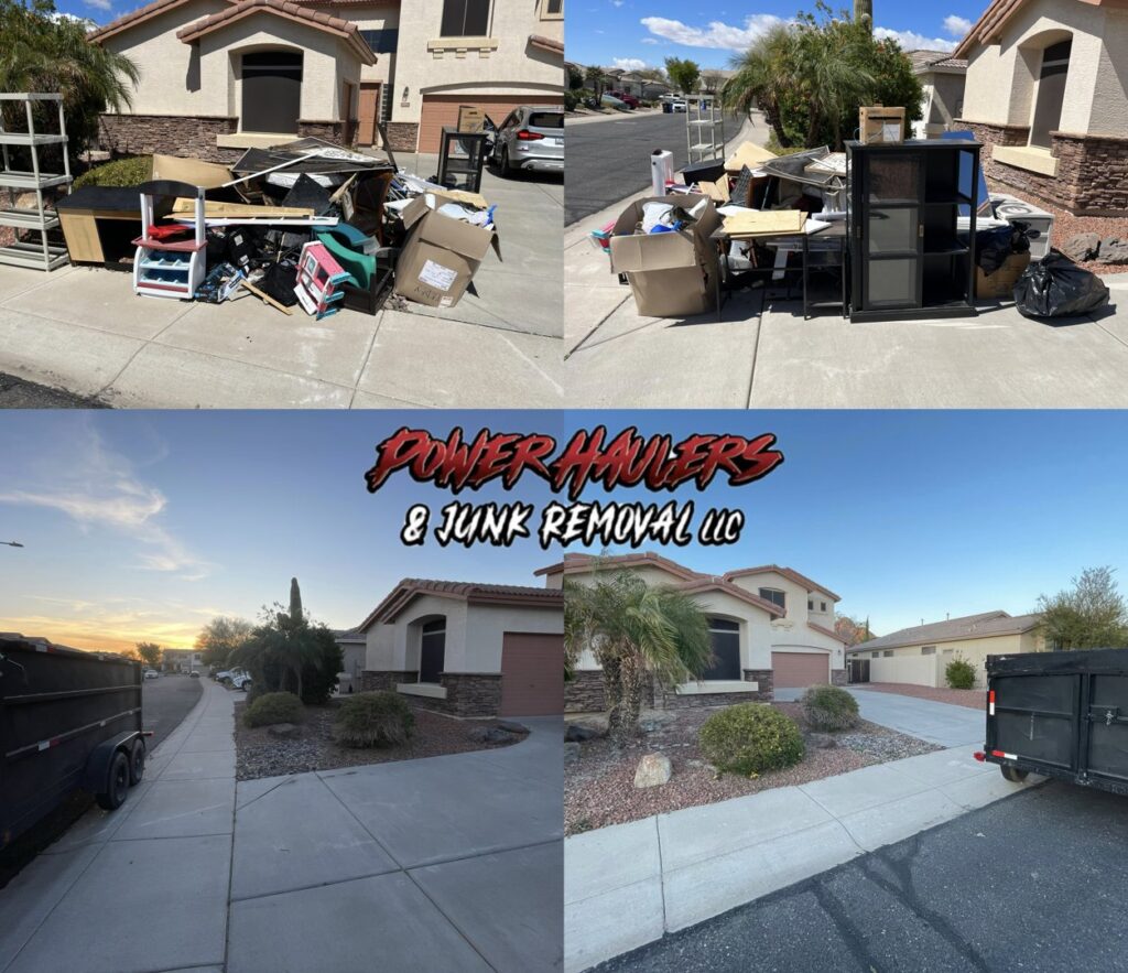 Before and after photos of a curbside junk pickup service by Power Haulers & Junk Removal LLC in Phoenix, AZ.