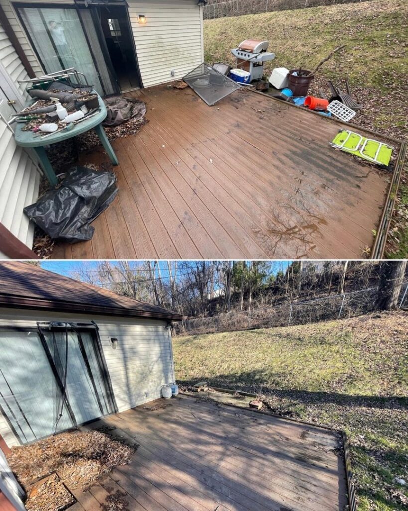 Before and after photos showing a messy deck cleaned up by Junk to Go's removal service in Philadelphia, PA.
