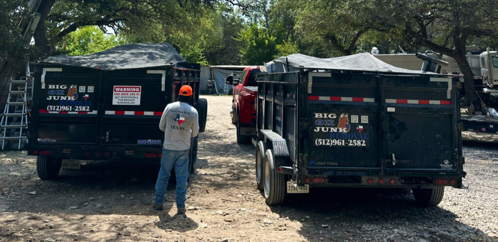 Before and after photos of demolition debris cleanup inside a house by Big Ox Junk Removal in Leander, TX, showing a cleared wall and removed junk.