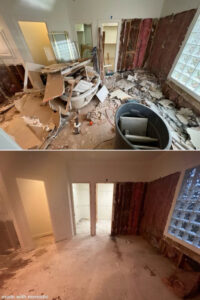Before and after photos of demolition debris removal from an interior room by Texas Strong Hauling and Junk Removal in San Antonio, TX.