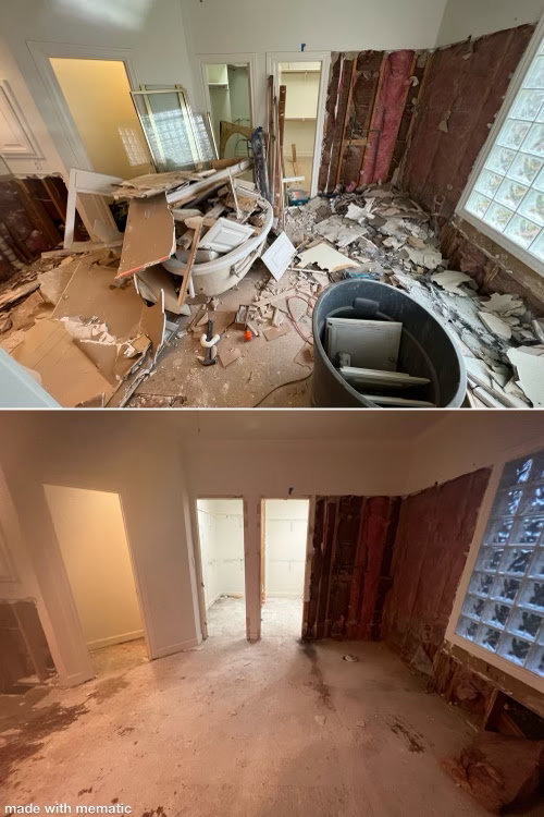 Before and after photos of demolition debris removal from an interior room by Texas Strong Hauling and Junk Removal in San Antonio, TX.