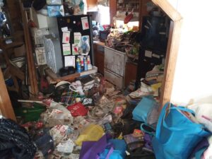 Before and after photos of a driveway junk removal job by Big Ox Junk Removal in Leander, TX, showing a pile of items cleared from the pavement.