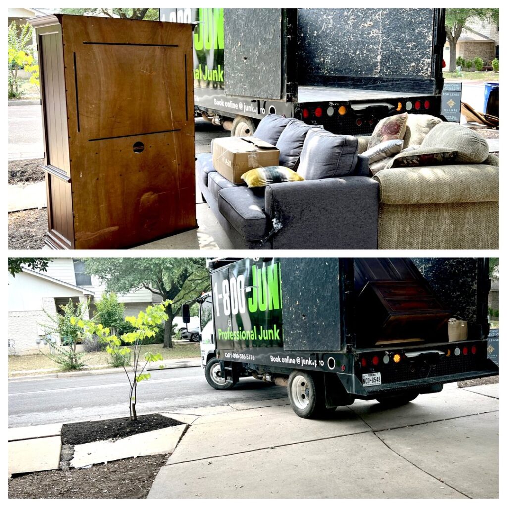 A green 1-800-JUNKPRO dumpster rental placed on a residential driveway with protective boards in Austin, TX.
