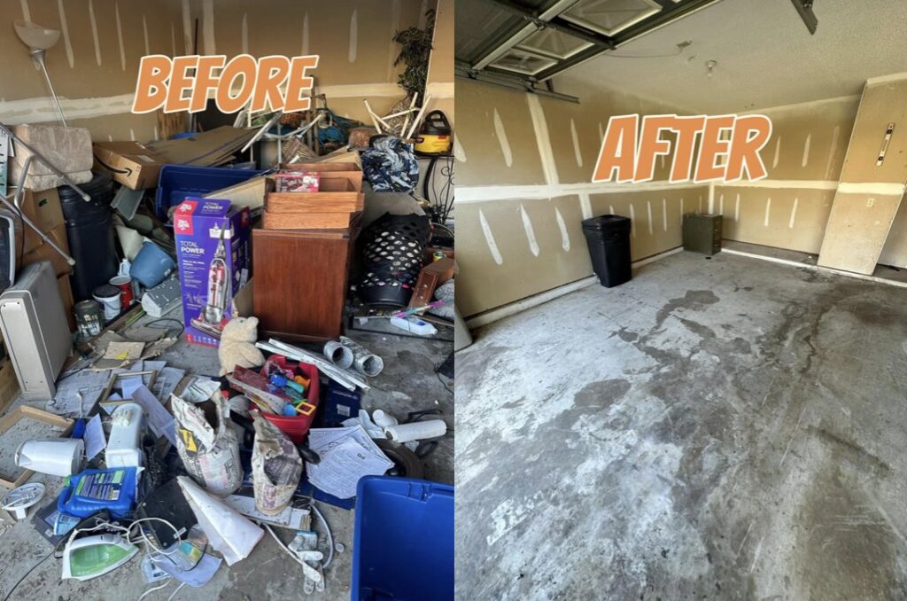 Before and after view of a garage cleanout service by Bring That Junk Removal and Demolition in Jacksonville, FL.