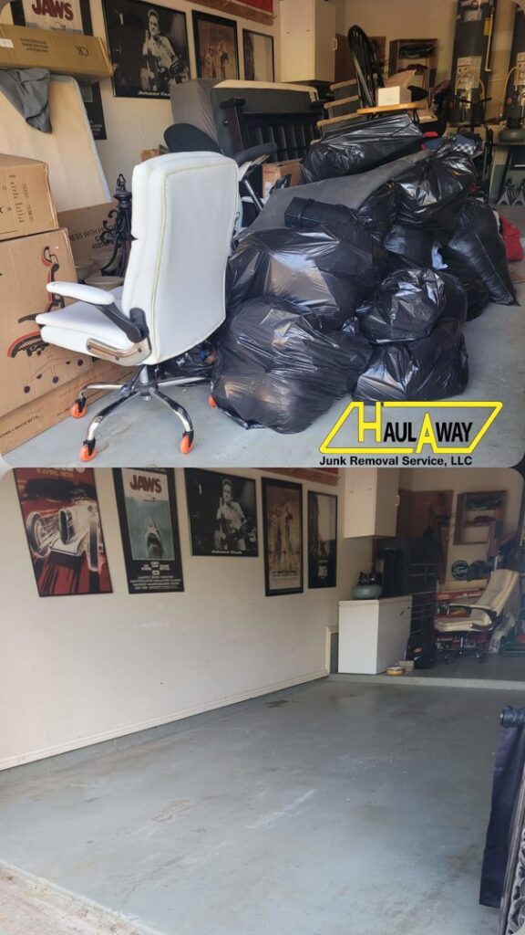 Before and after of a garage cleared of trash bags and unwanted items by Haulaway Junk Removal Service, LLC in Dallas, TX.