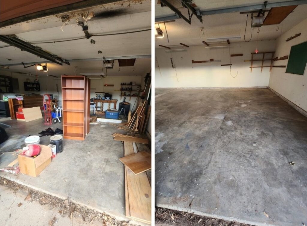 Before and after photos showing a complete garage cleanout service by All Needz Junk Removal & Hauling Service in Dallas, TX.
