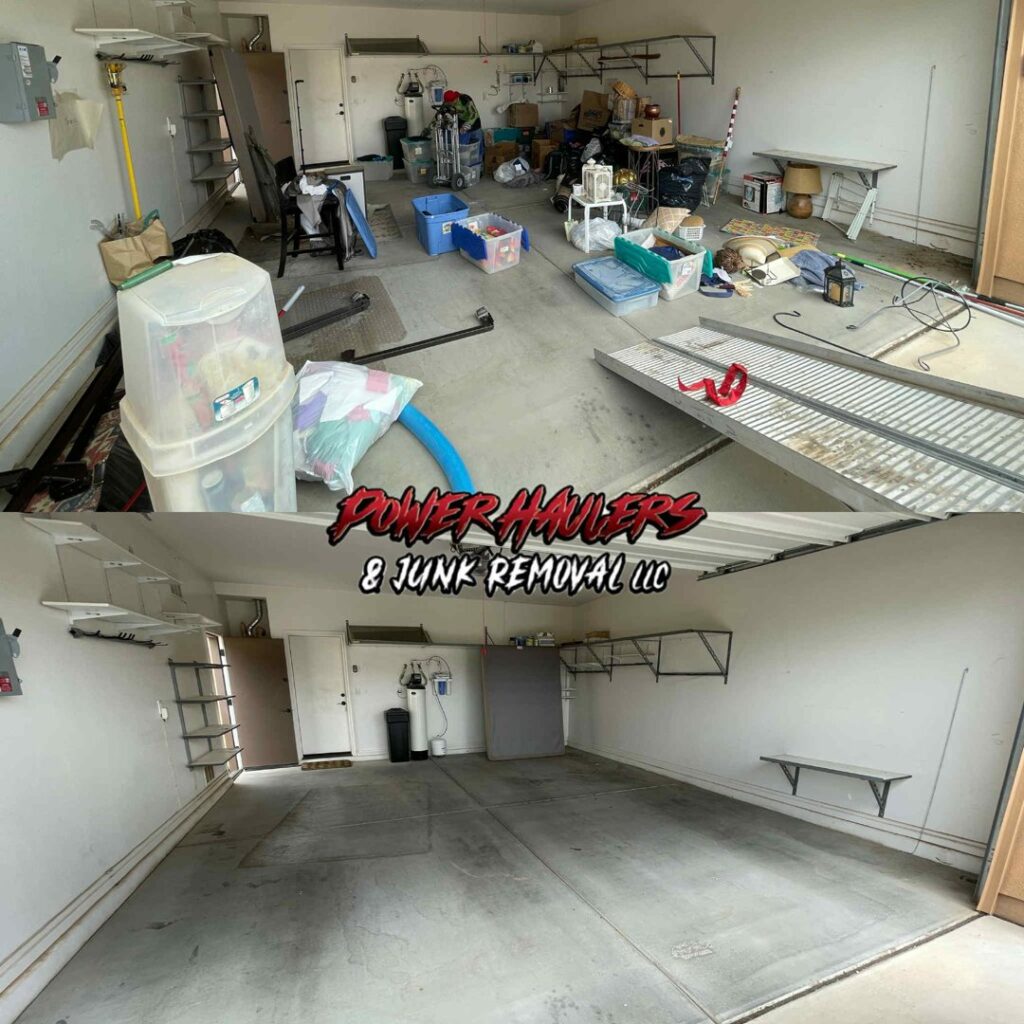 Before and after photos of a complete garage decluttering service by Power Haulers & Junk Removal LLC in Buckeye, AZ.