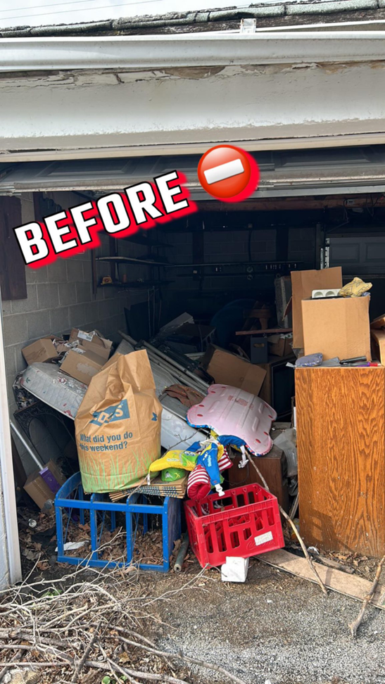 A cluttered garage filled with various items and debris, showing a before shot of a junk removal job by Junkzilla in Indianapolis, IN