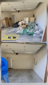 Before and after of a garage filled with junk, now clean and empty, by Haulaway Junk Removal Service, LLC in Dallas, TX.