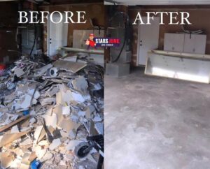 Before and after photos of a garage junk removal job, showing a clean space after service by Stars Junk Removal in San Jose, CA