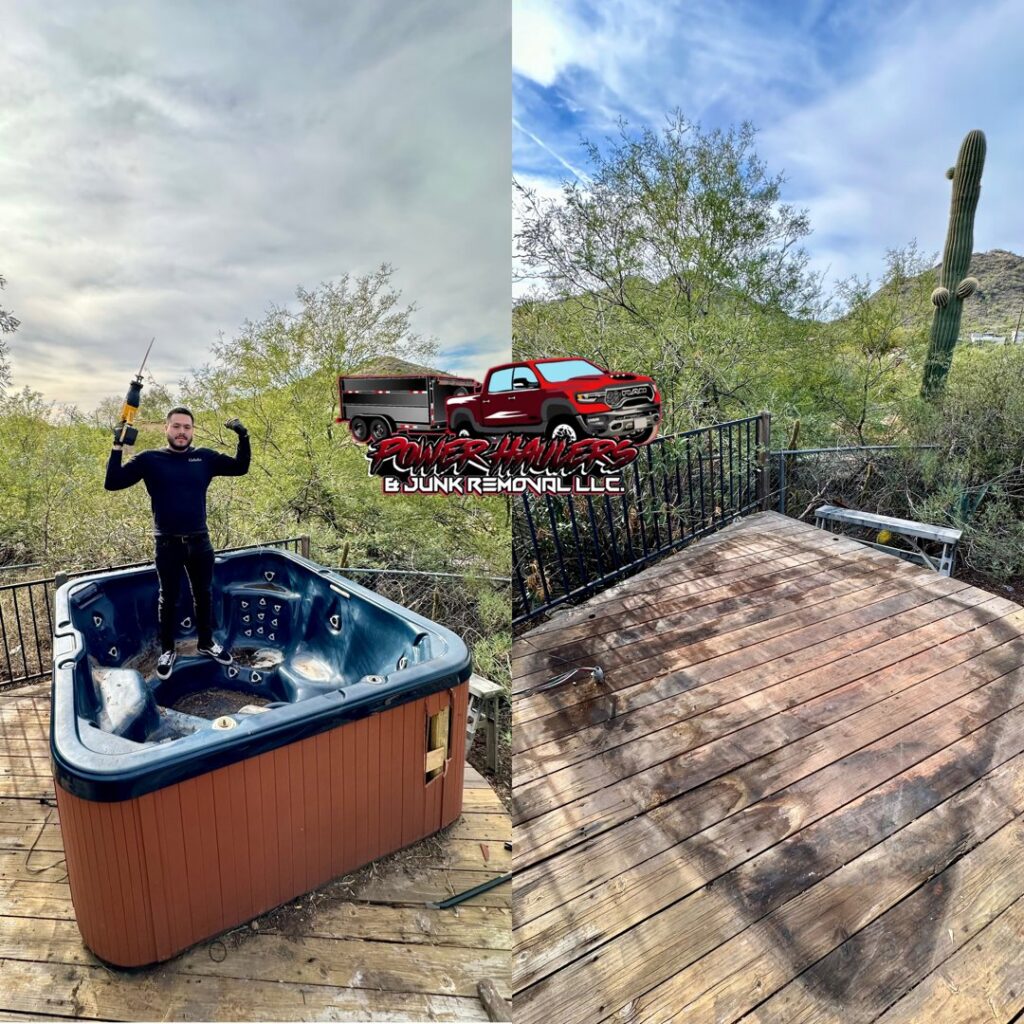 Before and after a garage junk removal service, clearing out boxes and frames, by Power Haulers & Junk Removal LLC in Phoenix, AZ.