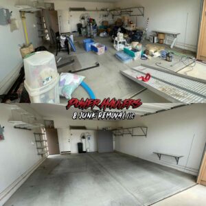 A before and after photo showing a complete garage junk removal service by Power Haulers & Junk Removal LLC in Phoenix, AZ.