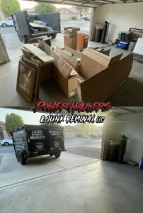 Before and after of a garage junk removal service by Power Haulers & Junk Removal LLC in Buckeye, AZ.