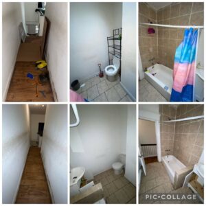 Before and after collage showing a hallway and bathroom cleanup and partial demolition by JPC Junk Removal & Demolition in Philadelphia, PA.