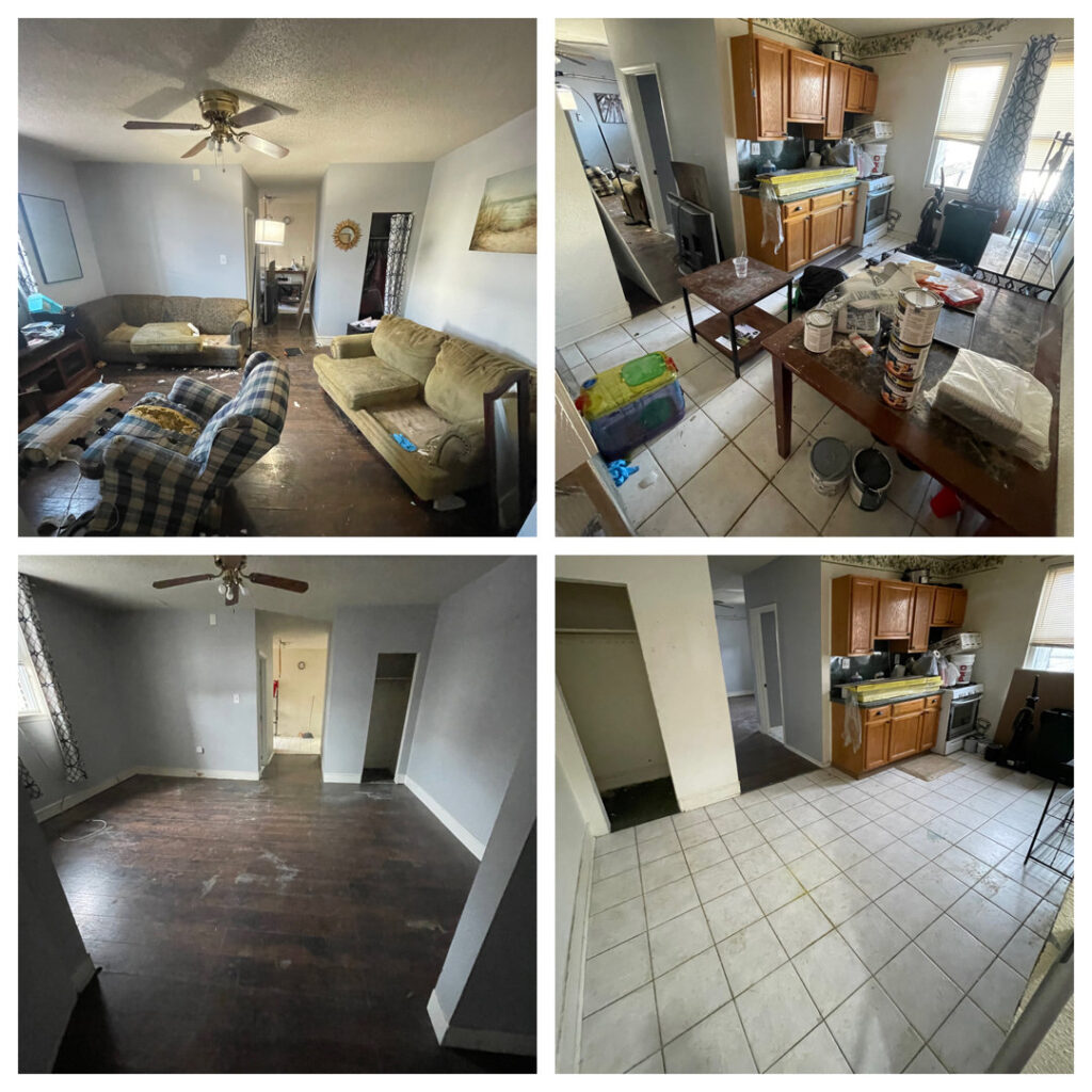 Before and after photos of a house cleanout, showing rooms cleared of junk by Kay's Brothers Junk Removal in Philadelphia, PA.