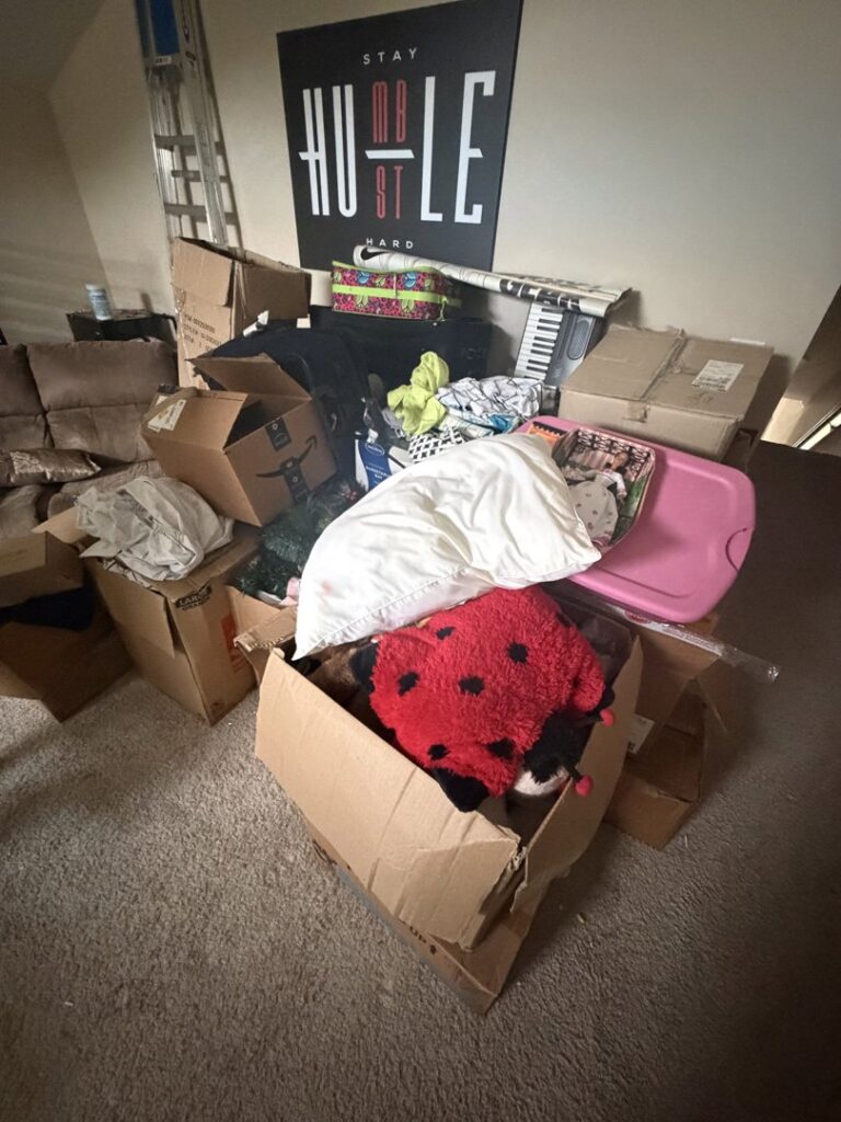 Boxes and various household items piled in a room, ready for junk removal by Bring That Junk Removal and Demolition in Jacksonville, FL.