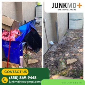 Before and after photo showing a cleared area after junk removal by JunkMD in San Diego, CA.