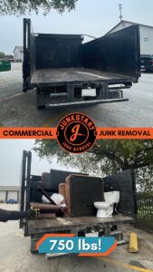 A JunkStart commercial junk removal truck, showing an empty bed and then loaded with 750 lbs of furniture and a toilet in San Antonio, TX.