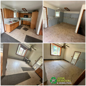 Before and after collage showing a kitchen and living room demolition, with walls stripped, performed by JPC Junk Removal & Demolition in Philadelphia, PA.