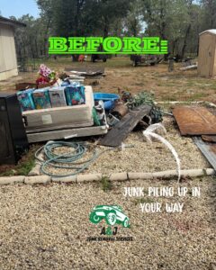 A large pile of mattresses, a small pool, and various debris in a yard before junk removal by A&J Removal Service in San Antonio, TX.