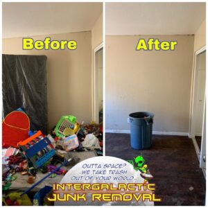 A large pile of miscellaneous junk, including bikes and crates, next to an Intergalactic Junk Removal trailer in Phoenix, AZ.