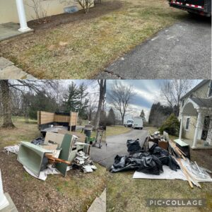 Before and after collage showing a large yard cleanup with various junk, including furniture and a bathtub, removed by JPC Junk Removal & Demolition in Philadelphia, PA.