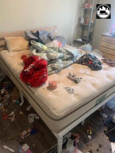 A very messy bedroom requiring a cleanout and junk removal service from We Haul It Cleaning Service LLC in Canal Winchester, OH.